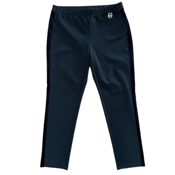 MICHAEL Michael Kors Pants - Michael Kors Black Leggings w/ Black Velvet Band Down Sides & Gold Logo Charm Lg